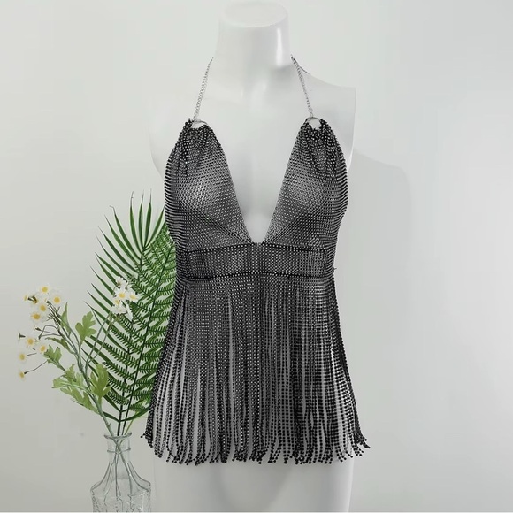 Handmade Bling Rhinestone Fishnet See Through Mesh Tassel Bra - Picture 4 of 12